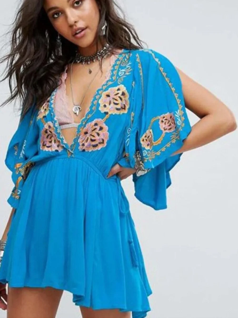 Free People Cora Embroidery Mini Dress Blue Coachella Stagecoach Festival - Picture 11 of 13